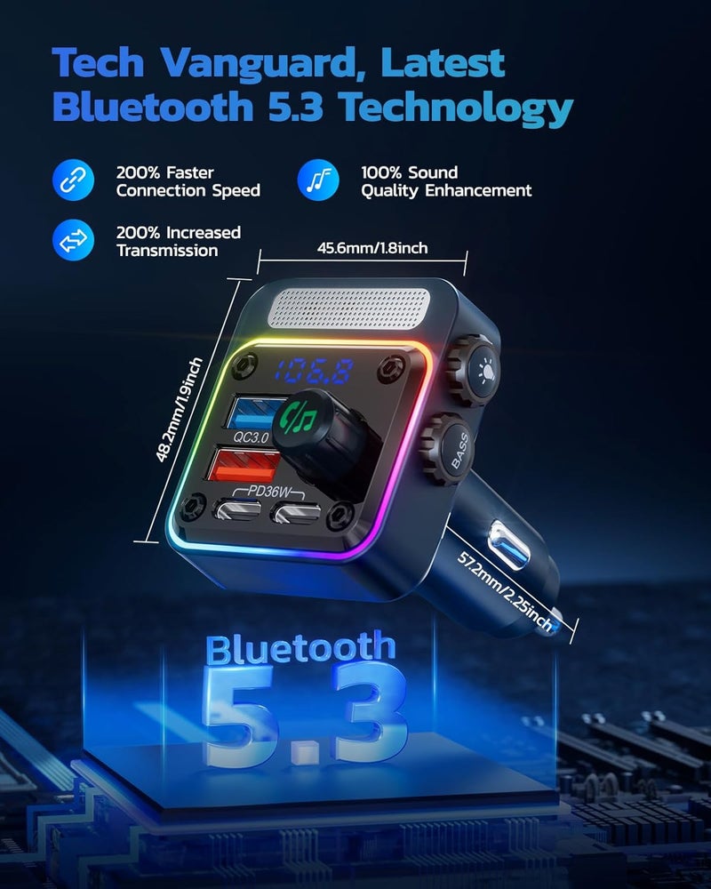 nulaxy 54W Bluetooth 5.3 Car Adapter with 4 Charging Ports [PD 36W & QC3.0 18W], Wireless Radio FM Transmitter with Deep Bass Player & 5 Colors LED Backlit, Hands-Free Calling - Blue - Image 3
